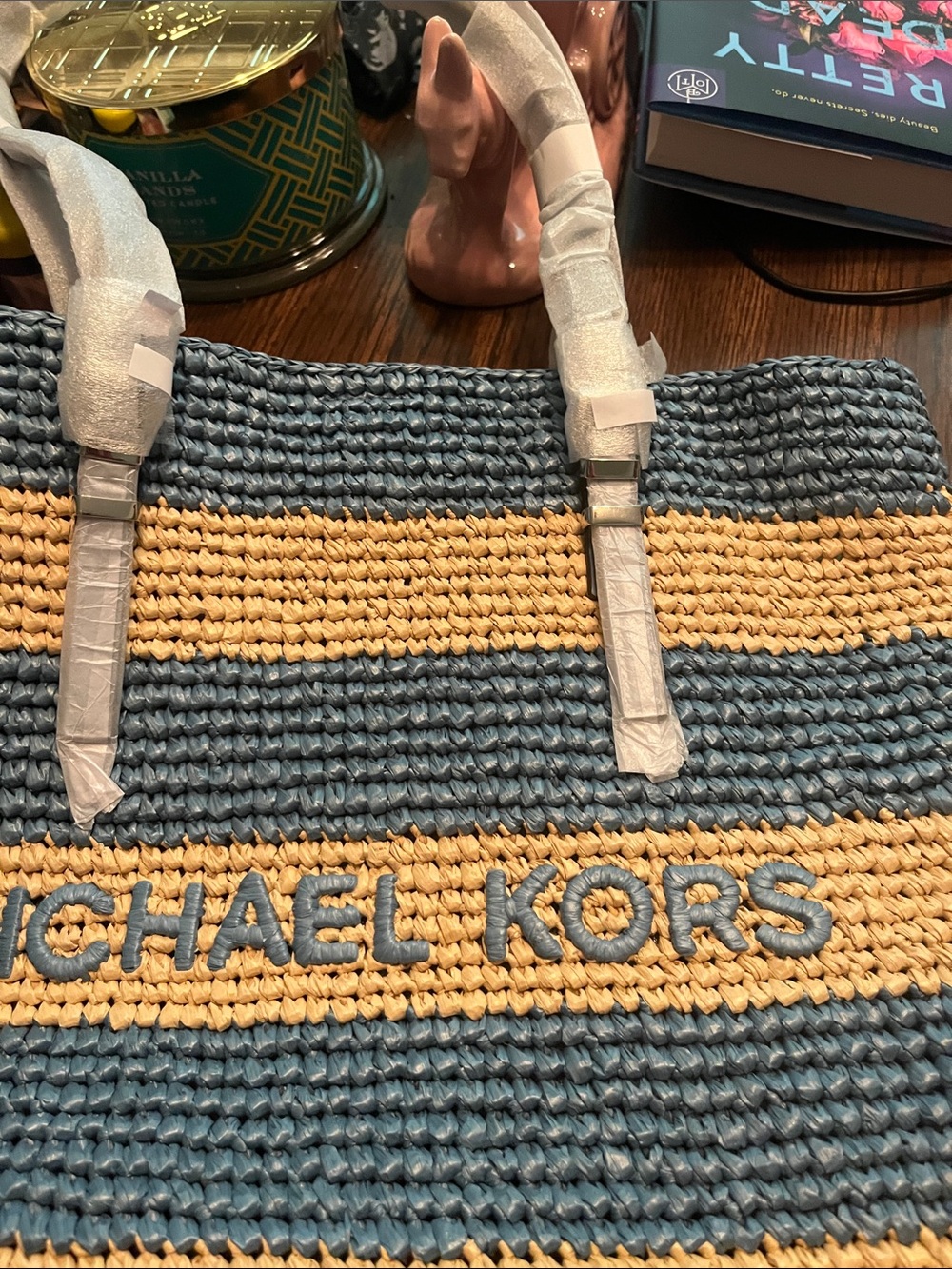 Michael Kors Blue and Yellow Striped Woven Tote brand new - Picture 3 of 7